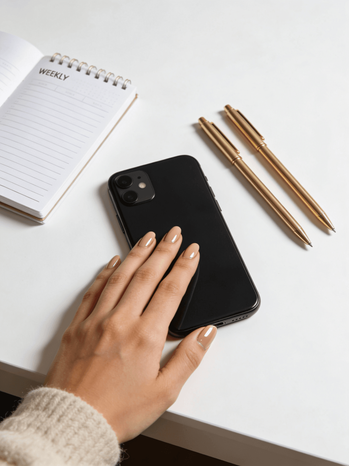 Planung von Social-Media-Inhalten: Smartphone, Wochenplaner und Stifte auf einem Schreibtisch